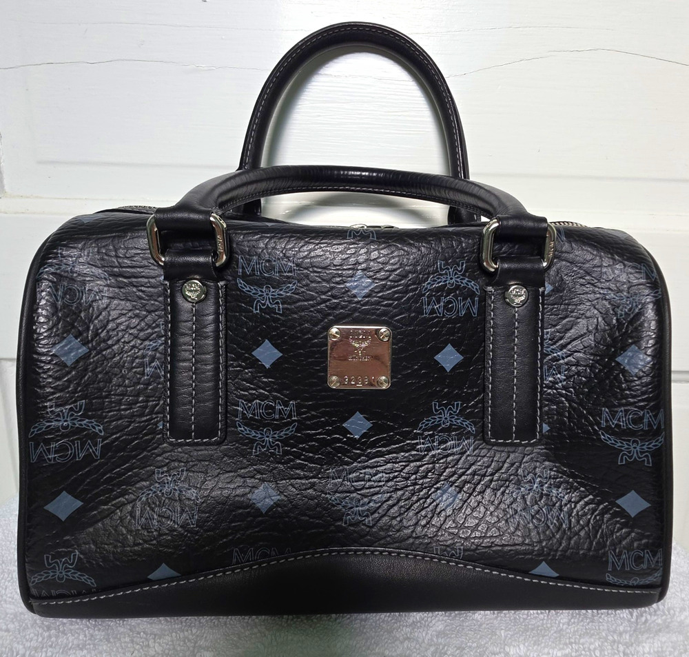 MCM Black Visetos Logo Monogram Leather Satchel Top Handle Silver HW w/COA